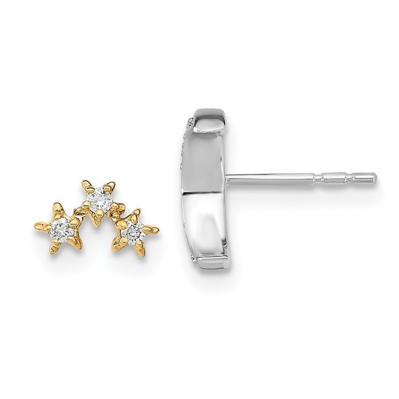 14k Two-tone Moon and 3-Stars Diamond Mis-match Post Earrings - Picture 4 of 4